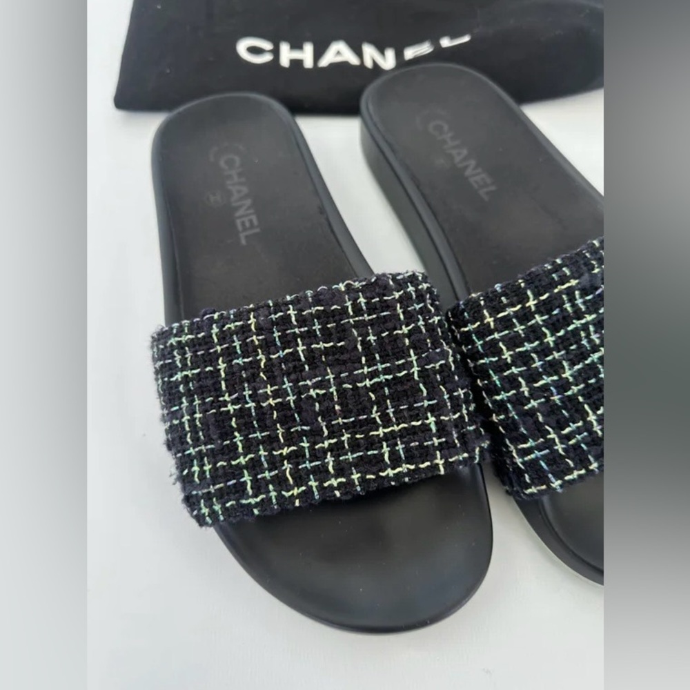 Authentic Chanel Slides Blue and Green Tweed Black Size 8